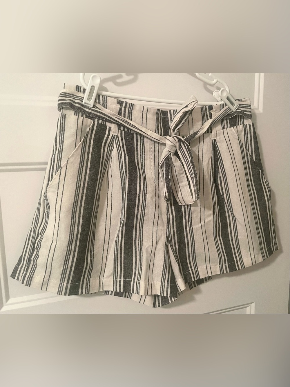 Ci Sono Linen Blend High-Waist Paperbag Striped Tie Shorts